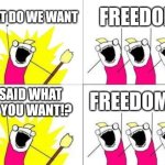 THIS IS AMERICA.. | WHAT DO WE WANT; FREEDOM; FREEDOM!!! I SAID WHAT DO YOU WANT!? | image tagged in memes,what do we want | made w/ Imgflip meme maker