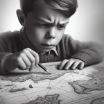 boy staring at a map