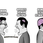 Full brained | BEING ABLE TO EXPLAIN EITHER OPINION; OPPOSITE OPINION ON TOPIC; OPINION ON A TOPIC | image tagged in two small brain men screaming at each other while big brain man,debate,politics,memes,smart,intelligence | made w/ Imgflip meme maker