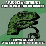 Snow | A FLOOD IS WHEN THERE'S A LOT OF WATER ON THE GROUND; IF SNOW IS WATER, IS A SNOW-DAY A CONSEQUENCE OF A FLOOD? | image tagged in philosoraptor,snow,water,flood,winter,weather | made w/ Imgflip meme maker