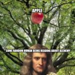 issac newton! | APPLE; SOME RANDOM HUMAN BEING READING ABOUT ALCHEMY | image tagged in issac newton | made w/ Imgflip meme maker