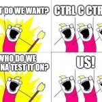 I mean... | WHAT DO WE WANT? CTRL C CTRL V! US! WHO DO WE WANNA TEST IT ON? | image tagged in memes,what do we want | made w/ Imgflip meme maker