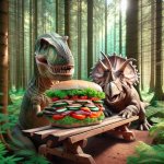 Two dinosaurs sitting on a bench eating a sandwich in the woods