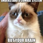 Grumpy Cat Meme | WHEN YOU FINALLY UNDERSTAND A COMBAT SYSTEM; BUT YOUR BRAIN CAN'T KEEP UP | image tagged in memes,grumpy cat | made w/ Imgflip meme maker