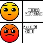 shot | HAVING A YUMMY SHOT; GETTING A SHOT; GETTING SHOT A LOOK; GETTING SHOT; GETTING YOUR STOMICH SHOT OUT OF YOUR BODY; STUBBING YOUR TOE | image tagged in geometry dash difficulty faces | made w/ Imgflip meme maker