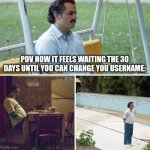 Image title | POV HOW IT FEELS WAITING THE 30 DAYS UNTIL YOU CAN CHANGE YOU USERNAME: | image tagged in memes,sad pablo escobar,relatable,modern problems | made w/ Imgflip meme maker