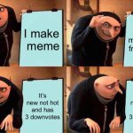 Gru's Plan Meme | I make
 meme; It makes the
front page; It’s new not hot and has 3 downvotes; It’s new not hot and has 3 downvotes | image tagged in memes,gru's plan | made w/ Imgflip meme maker