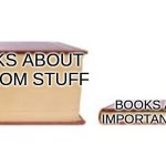 Big book small book | BOOKS ABOUT RANDOM STUFF; BOOKS ABOUT IMPORTANT STUFF | image tagged in big book small book | made w/ Imgflip meme maker