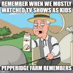 I know that I remembered | REMEMBER WHEN WE MOSTLY WATCHED TV SHOWS AS KIDS; PEPPERIDGE FARM REMEMBERS | image tagged in memes,pepperidge farm remembers,tv shows,funny | made w/ Imgflip meme maker