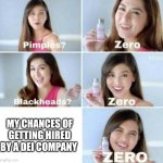 Pimples, Zero! | MY CHANCES OF GETTING HIRED BY A DEI COMPANY | image tagged in pimples zero | made w/ Imgflip meme maker