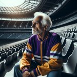 An old man sitting in an empty football stadium wearing purple a