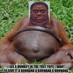 Fat ass monkey | I SEE A MONKEY IN THE TREE TOPS I WANT TO GIVE IT A BOONANA A BOONANA A BOONANA. | image tagged in fat ass | made w/ Imgflip meme maker