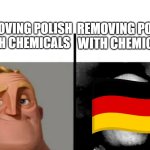 etsxdrcytf'; | REMOVING POLISH WITH CHEMICALS; REMOVING POLISH WITH CHEMICALS | image tagged in mr incredible,poland,germany,ww2,mr incredible becoming uncanny,polish | made w/ Imgflip meme maker