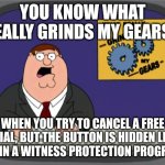 You know what really grinds my gears? | YOU KNOW WHAT REALLY GRINDS MY GEARS? WHEN YOU TRY TO CANCEL A FREE TRIAL, BUT THE BUTTON IS HIDDEN LIKE IT'S IN A WITNESS PROTECTION PROGRAM! | image tagged in memes,peter griffin news,family guy,family guy peter,free trials,netflix | made w/ Imgflip meme maker