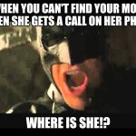 Seriously where is she | WHEN YOU CAN'T FIND YOUR MOM WHEN SHE GETS A CALL ON HER PHONE; WHERE IS SHE!? | image tagged in where is she batman | made w/ Imgflip meme maker