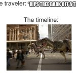 Dinosaurs in the city. | *RIPS TREE BARK OFF A TREE* | image tagged in time traveler | made w/ Imgflip meme maker