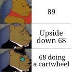 89 | 89; Upside down 68; 68 doing a cartwheel | image tagged in tuxedo winnie the pooh 3 panel,89,blank white template,memes,shower thoughts,numbers | made w/ Imgflip meme maker