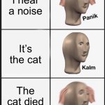 Ack the cat! | I hear a noise; It’s the cat; The cat died a Yr ago | image tagged in memes,panik kalm panik | made w/ Imgflip meme maker