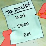 My version of Patrick to do list actually blank but not blank | Work; Sleep; Eat | image tagged in patrick to do list actually blank | made w/ Imgflip meme maker