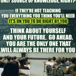 Know As Much As You Can Know | YOU KNOW SCHOOL ISN'T YOUR ONLY SOURCE OF KNOWLEDGE, RIGHT? IF THEY'RE NOT TEACHING YOU EVERYTHING YOU THINK YOU'LL NEED
IT'S ON YOU TO DO RIGHT BY YOU; IT'S ON YOU TO DO RIGHT BY YOU; THINK ABOUT YOURSELF AND YOUR FUTURE.  GO AHEAD.  YOU ARE THE ONLY ONE THAT WILL ALWAYS BE THERE FOR YOU | image tagged in school,knowledge is power,knowledge comes from many sources,universal knowledge,children are our future,memes | made w/ Imgflip meme maker