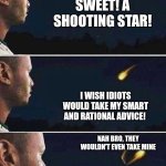 shooting star | SWEET! A SHOOTING STAR! I WISH IDIOTS WOULD TAKE MY SMART AND RATIONAL ADVICE! NAH BRO, THEY WOULDN'T EVEN TAKE MINE | image tagged in shooting star | made w/ Imgflip meme maker