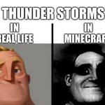 It’s relaxing Irl | THUNDER STORMS; IN MINECRAFT; IN REAL LIFE | image tagged in teacher's copy,minecraft,in real life,thunder,memes,funny | made w/ Imgflip meme maker