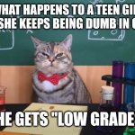 I wonder if she would still get the joke... | WHAT HAPPENS TO A TEEN GIRL WHEN SHE KEEPS BEING DUMB IN CLASS? SHE GETS "LOW GRADES" | image tagged in science cat | made w/ Imgflip meme maker