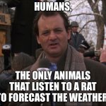 Bill Murray Groundhog Day | HUMANS, THE ONLY ANIMALS THAT LISTEN TO A RAT TO FORECAST THE WEATHER | image tagged in bill murray groundhog day,human | made w/ Imgflip meme maker