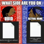 bloods crips | WHAT SIDE ARE YOU ON; UUID; ACTUAL NAME | image tagged in bloods crips | made w/ Imgflip meme maker