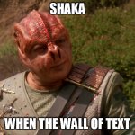 Shaka when the wall of text | SHAKA; WHEN THE WALL OF TEXT | image tagged in shaka when the walls fell | made w/ Imgflip meme maker