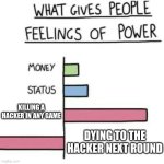 YES!  YES! NOOOOOOOOOOOOOOOOOOOOOOOOOOOO!!!!!!!!!!!!!! | KILLING A HACKER IN ANY GAME; DYING TO THE HACKER NEXT ROUND | image tagged in what gives people feelings of power | made w/ Imgflip meme maker