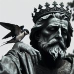 una statua re triste e una rondine
