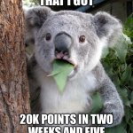 surprised much? | SURPRISED THAT I GOT; 20K POINTS IN TWO WEEKS AND FIVE DAYS? WELL, I AM AS WELL! | image tagged in memes,surprised koala,surprise,surprised | made w/ Imgflip meme maker