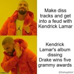 Drake Kendrick Lamar | Make diss tracks and get into a feud with Kendrick Lamar; Kendrick Lamar's album dissing Drake wins five grammy awards; @ChallengeBelief | image tagged in drake hotline bling reversed | made w/ Imgflip meme maker