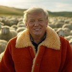 Donald Trump Orange sheepsking jacket flock of sheep