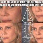 Alarm Clock + Sleep = Maximum Confusion | WHEN YOUR DREAM IS SO VIVID THAT THE ALARM CLOCK BECOMES PART OF IT AND YOU'RE WONDERING WTF THAT NOISE IS | image tagged in math lady/confused lady | made w/ Imgflip meme maker