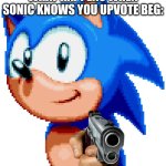 Don't upvote beg | WHAT HAPPENS WHEN SONIC KNOWS YOU UPVOTE BEG: | image tagged in sonic with a gun | made w/ Imgflip meme maker