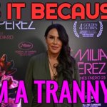 Is It Because I'm A Tranny? | IS IT BECAUSE; I'M A TRANNY? | image tagged in karla sof a gasc n,tranny,transgender,gender equality,breaking news,boycott hollywood | made w/ Imgflip meme maker