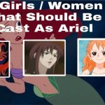 anime redheads that should be cast a ariel | image tagged in 3 females that should be cast as ariel,anime,redheads,asuka langley soryu,one piece,the little mermaid | made w/ Imgflip meme maker