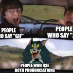 Tom chasing Harry and Ron Weasly | PEOPLE WHO SAY "JIF"; PEOPLE WHO SAY "GIF"; PEOPLE WHO USE BOTH PRONUNCIATIONS | image tagged in tom chasing harry and ron weasly,memes,funny,gif,not really a gif | made w/ Imgflip meme maker