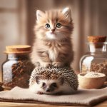 cute kitten sitting on hedgehog