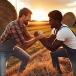 white man punching black man at farm