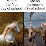 Unicorn vs dirty horse | Me on the second day of school:; Me on the first day of school: | image tagged in unicorn vs dirty horse | made w/ Imgflip meme maker