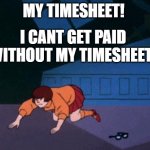 velma timesheet | MY TIMESHEET! I CANT GET PAID WITHOUT MY TIMESHEET! | image tagged in velma looking for glasses,timesheet | made w/ Imgflip meme maker