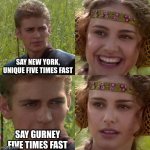 tongue twisters | SAY NEW YORK, UNIQUE FIVE TIMES FAST; SAY GURNEY FIVE TIMES FAST | image tagged in anakin padme 4 panel | made w/ Imgflip meme maker