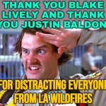 Thank You Blake Lively And Justin Baldoni For Distracting Everyone From LA Wildfires | THANK YOU BLAKE LIVELY AND THANK YOU JUSTIN BALDONI; FOR DISTRACTING EVERYONE
FROM LA WILDFIRES | image tagged in tyfys,los angeles,california fires,california,breaking news,celebrities | made w/ Imgflip meme maker