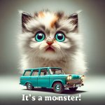 Kitten shocked seeing a car and text saying “It’s a monster!”