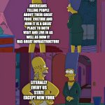 Homer Simpson's Back Fat | AMERICANS TELLING PEOPLE ABOUT THEIR GREAT FOOD  CULTURE AND HOW IT IS A GREAT PLACE TO BOTH VISIT AND LIVE IN AS WELL AS HOW IT HAS GREAT INFRASTRUCTURE; LITERALLY EVERY US STATE EXCEPT NEW YORK | image tagged in homer simpson's back fat,america | made w/ Imgflip meme maker