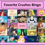 favorite crushes bingo | image tagged in crushes bingo 1,favorites,videogames,anime,movies,the little mermaid | made w/ Imgflip meme maker