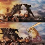 godzilla and kong running away from dog